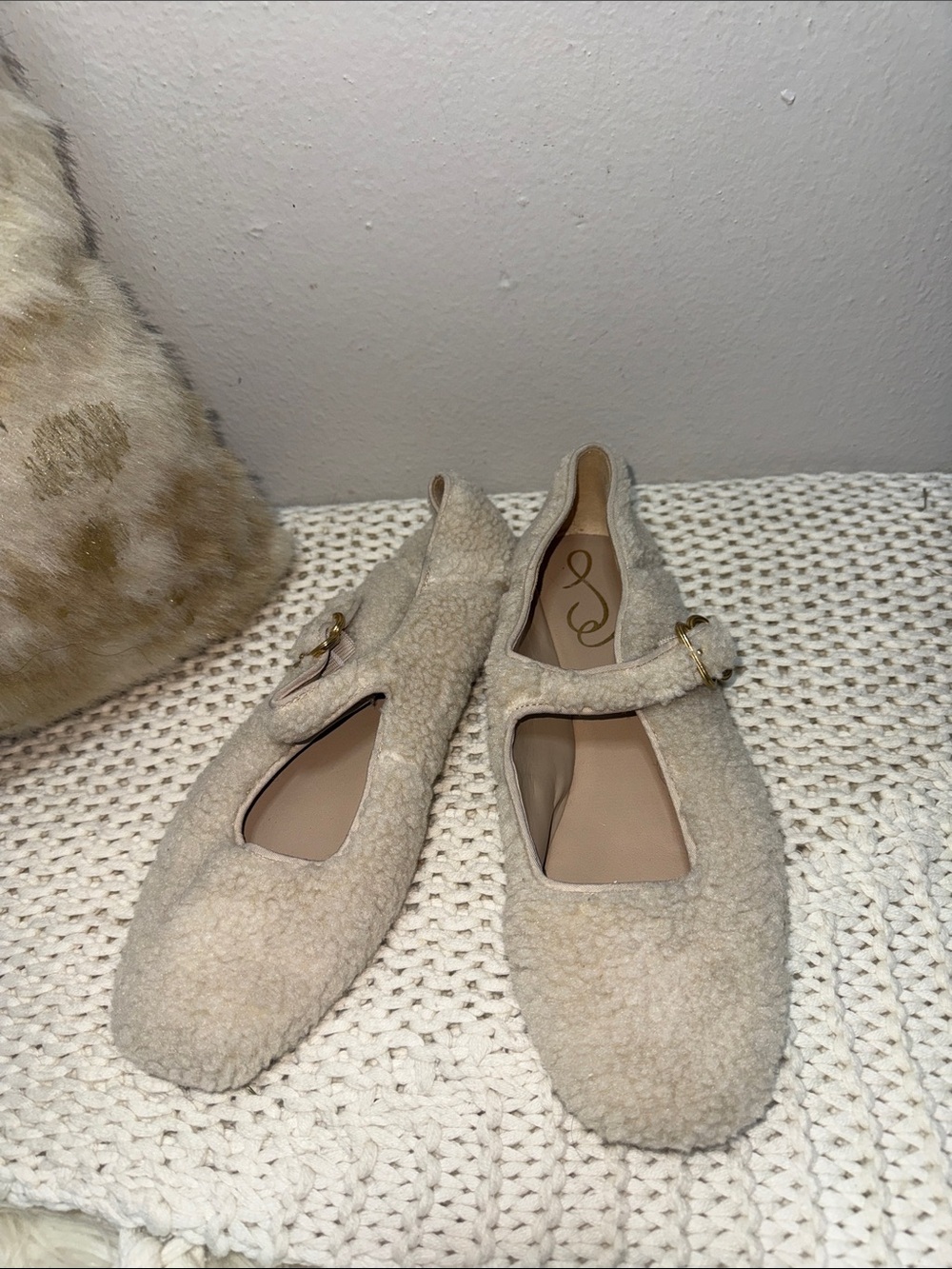Sam Edelman Cream Shearling Mary Janes with Gold Buckle